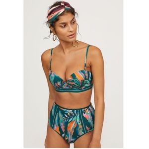 H&M Dark Green Leaf Bustier High Waist Bikini NWOT